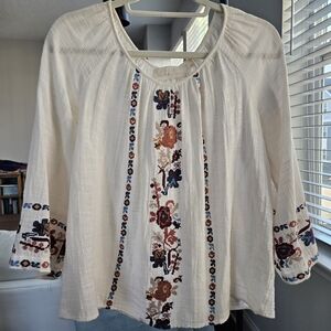 Love Sam Cream Embroidered Peasant Blouse with Navy & Rust Floral Accents